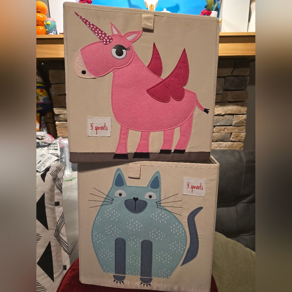 3 Sprouts Pink Unicorn and Blue Cat Storage Bins